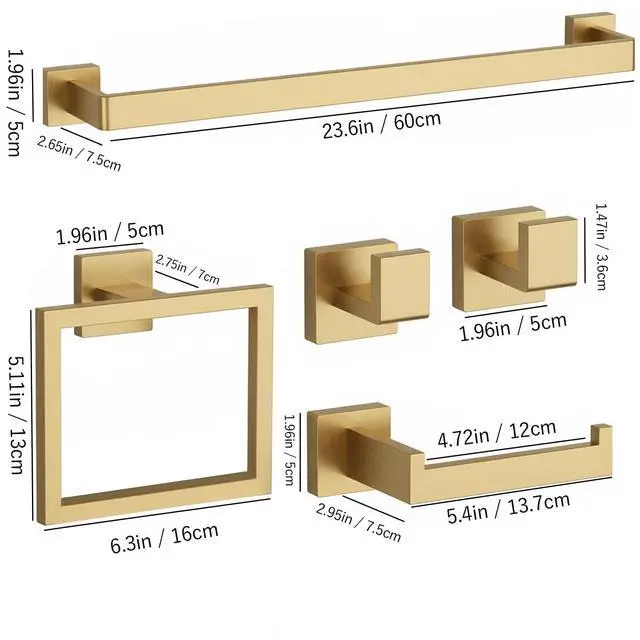 Alt view image 2 of 6 - 15-Piece Brushed Gold Bathroom Accessories Set 23.6" Towel Bar, Towel Ring, Toilet Paper Holder & Hooks, Wall Mounted Bathroom Hardware, Rust & Corrosion-Resistant, Ideal for Modern Bathrooms