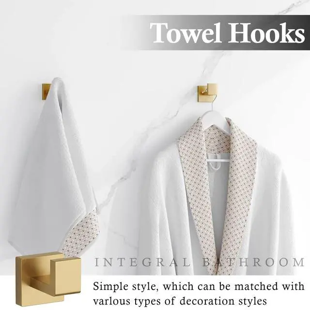 Alt view image 6 of 6 - 15-Piece Brushed Gold Bathroom Accessories Set 23.6" Towel Bar, Towel Ring, Toilet Paper Holder & Hooks, Wall Mounted Bathroom Hardware, Rust & Corrosion-Resistant, Ideal for Modern Bathrooms