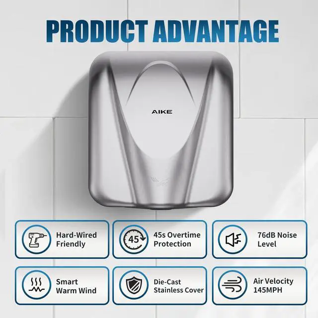 Alt view image 5 of 7 - Elephant Power Commercial Hand Dryer High Speed Auto Warm Wind, Brushed Stainless Steel Cover AC110V-130V Model AK2812