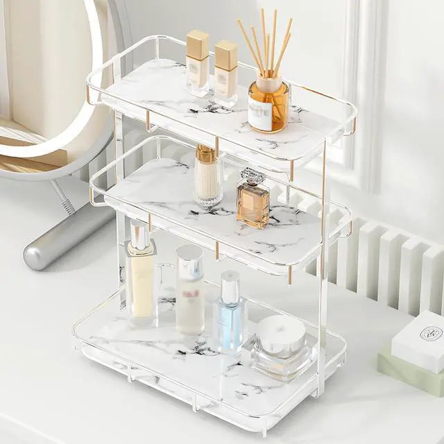 Main image of Bathroom Organizer Countertop Perfume Organizer Makeup Organizer Cosmetics Storage Display Rack Vanity Tray Dresser Stainless Steel Gold Shelf White Marble Ceramic Tray