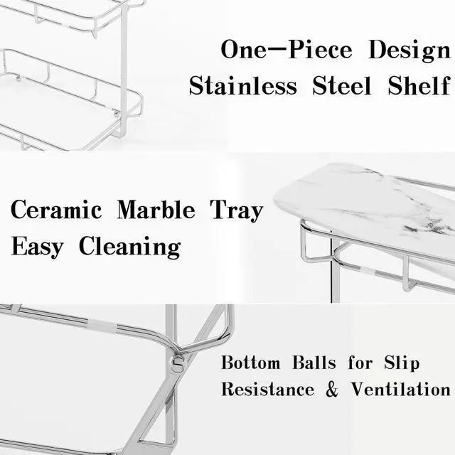 Alt view image 2 of 5 - Bathroom Organizer Countertop Perfume Organizer Makeup Organizer Cosmetics Storage Display Rack Vanity Tray Dresser Stainless Steel Gold Shelf White Marble Ceramic Tray