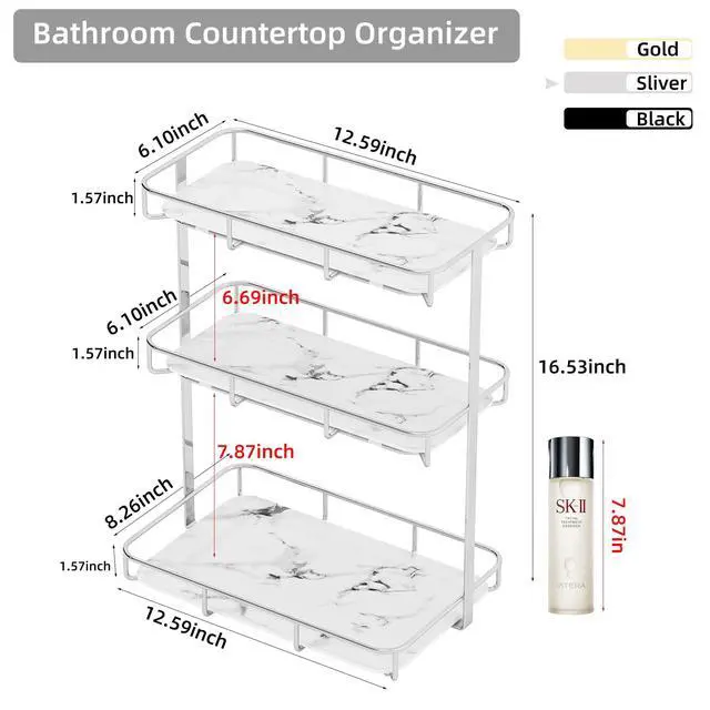 Alt view image 4 of 5 - Bathroom Organizer Countertop Perfume Organizer Makeup Organizer Cosmetics Storage Display Rack Vanity Tray Dresser Stainless Steel Gold Shelf White Marble Ceramic Tray