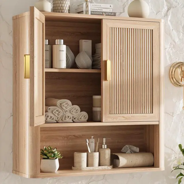 Main image of Bathroom Wall Storage Cabinet, Medicine Cabinet with Adjustable Wood Shelf & Doors, Over the Toilet Storage Cabinet for Laundry Room & Living Room Kitchen Storage Islands (Natural Oak)