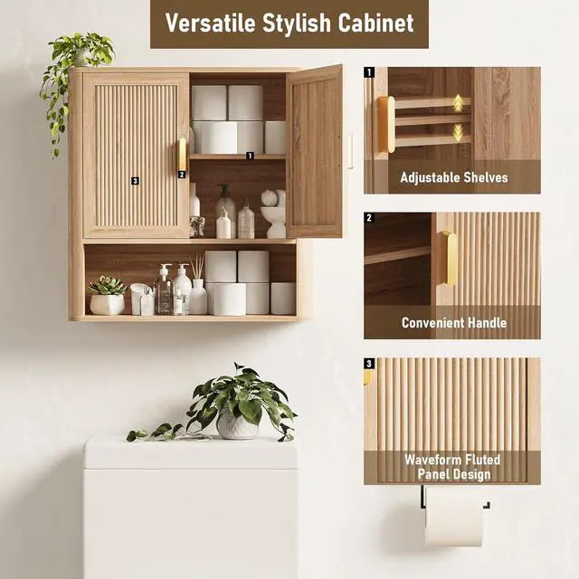 Alt view image 3 of 7 - Bathroom Wall Storage Cabinet, Medicine Cabinet with Adjustable Wood Shelf & Doors, Over the Toilet Storage Cabinet for Laundry Room & Living Room Kitchen Storage Islands (Natural Oak)