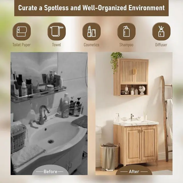 Alt view image 4 of 7 - Bathroom Wall Storage Cabinet, Medicine Cabinet with Adjustable Wood Shelf & Doors, Over the Toilet Storage Cabinet for Laundry Room & Living Room Kitchen Storage Islands (Natural Oak)