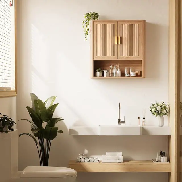 Alt view image 6 of 7 - Bathroom Wall Storage Cabinet, Medicine Cabinet with Adjustable Wood Shelf & Doors, Over the Toilet Storage Cabinet for Laundry Room & Living Room Kitchen Storage Islands (Natural Oak)