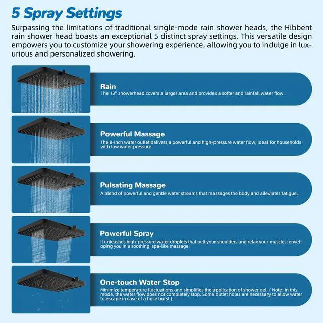 Alt view image 2 of 7 - cUPC Certified 13'' Shower Head Combo, High Pressure 5 Spray Rainfall Showerhead, 10 Spray Mode Handheld, All Metal Easy Reach 4-way Diverter Arm with Pause Mode, 71'' Hose and Holder, Black