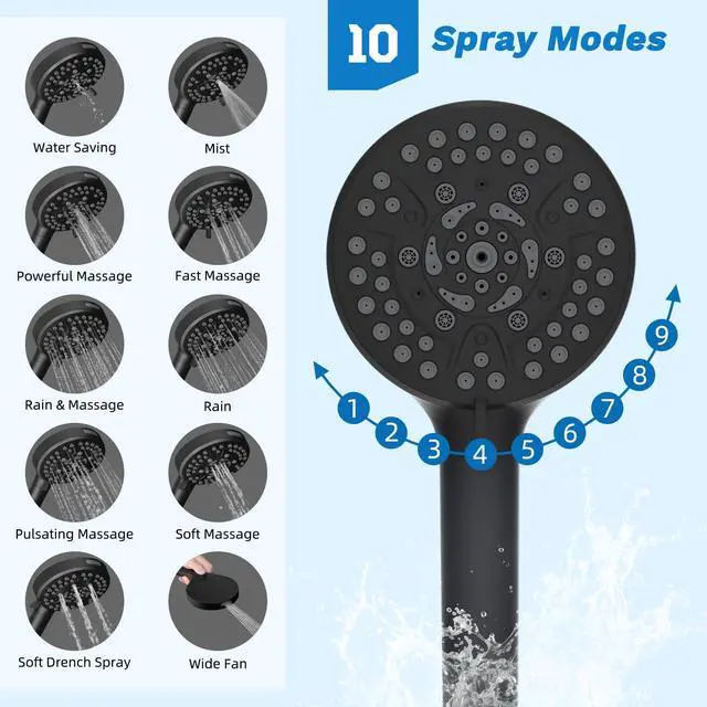 Alt view image 3 of 7 - cUPC Certified 13'' Shower Head Combo, High Pressure 5 Spray Rainfall Showerhead, 10 Spray Mode Handheld, All Metal Easy Reach 4-way Diverter Arm with Pause Mode, 71'' Hose and Holder, Black