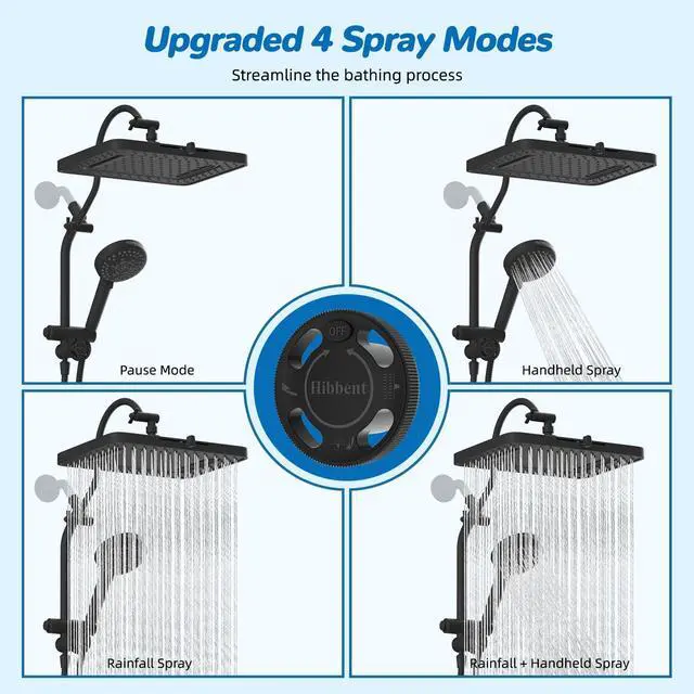 Alt view image 4 of 7 - cUPC Certified 13'' Shower Head Combo, High Pressure 5 Spray Rainfall Showerhead, 10 Spray Mode Handheld, All Metal Easy Reach 4-way Diverter Arm with Pause Mode, 71'' Hose and Holder, Black