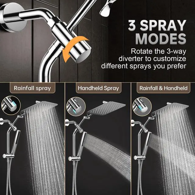 Alt view image 3 of 7 - All Metal 10" Shower Head with Handheld, Luxurious Square Double Rain Shower Heads with Spray Combo, Dual High Pressure Detachable Rainfall Showerhead with Extension Arm, Long Hose,Chrome,Sliver