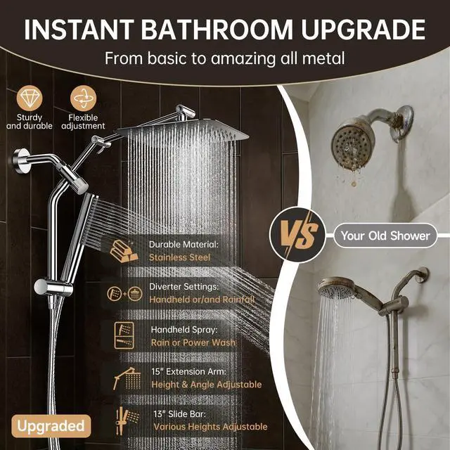 Alt view image 6 of 7 - All Metal 10" Shower Head with Handheld, Luxurious Square Double Rain Shower Heads with Spray Combo, Dual High Pressure Detachable Rainfall Showerhead with Extension Arm, Long Hose,Chrome,Sliver