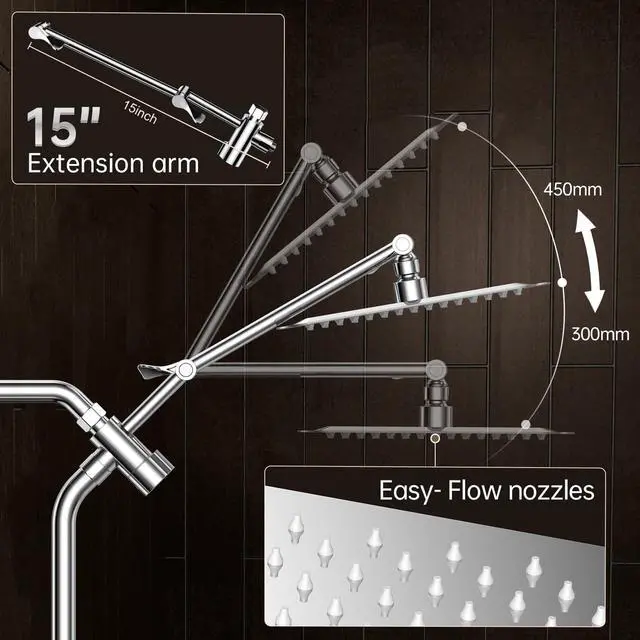 Alt view image 7 of 7 - All Metal 10" Shower Head with Handheld, Luxurious Square Double Rain Shower Heads with Spray Combo, Dual High Pressure Detachable Rainfall Showerhead with Extension Arm, Long Hose,Chrome,Sliver