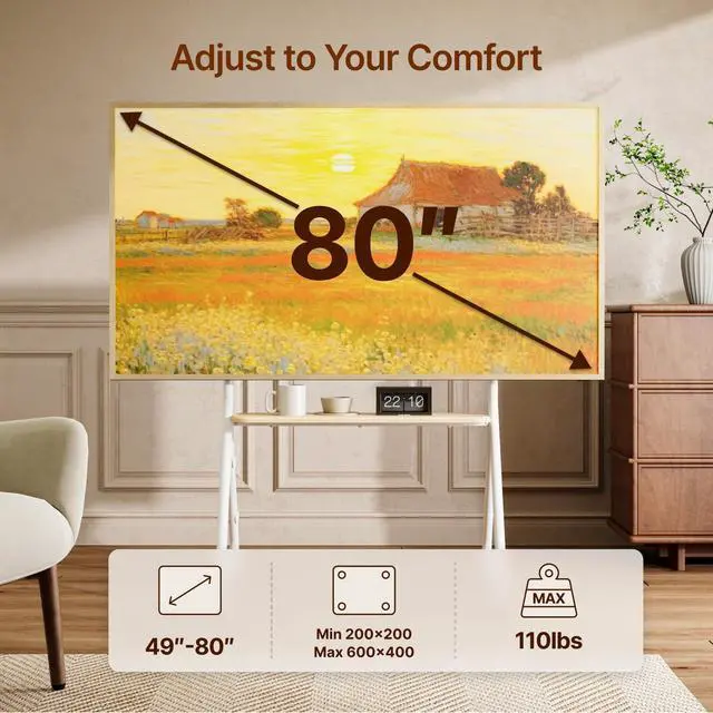 Alt view image 2 of 7 - Rolling Easel TV Stand for 4980 Inch TVs, Mobile TV Cart with Lockable Wheels, Height Adjustable Floor Stand with Wood Shelves and Cable Management, VESA 600x400, White
