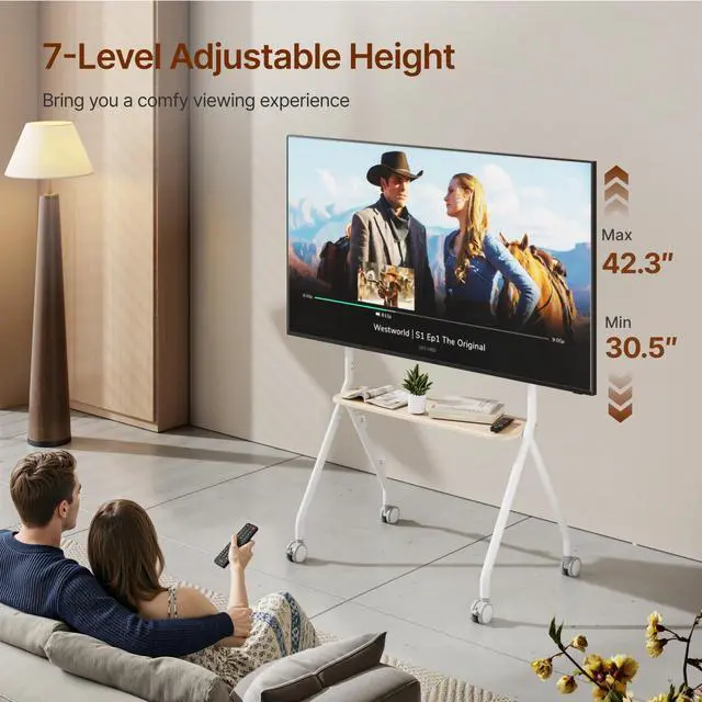 Alt view image 3 of 7 - Rolling Easel TV Stand for 4980 Inch TVs, Mobile TV Cart with Lockable Wheels, Height Adjustable Floor Stand with Wood Shelves and Cable Management, VESA 600x400, White