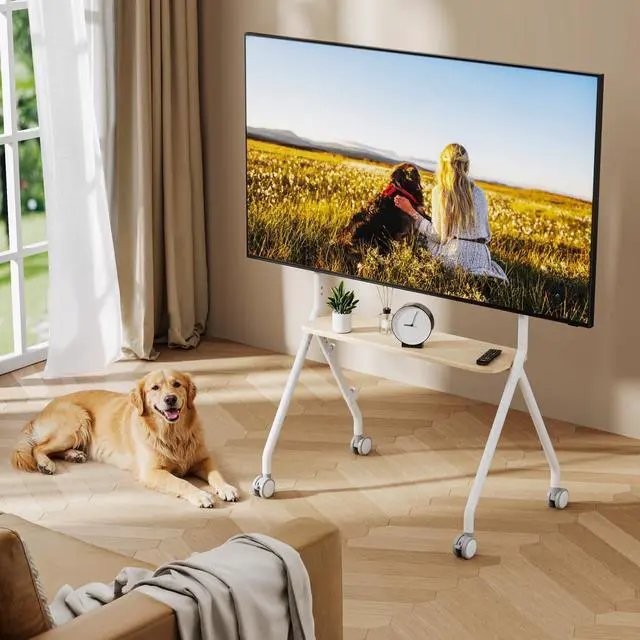 Alt view image 6 of 7 - Rolling Easel TV Stand for 4980 Inch TVs, Mobile TV Cart with Lockable Wheels, Height Adjustable Floor Stand with Wood Shelves and Cable Management, VESA 600x400, White