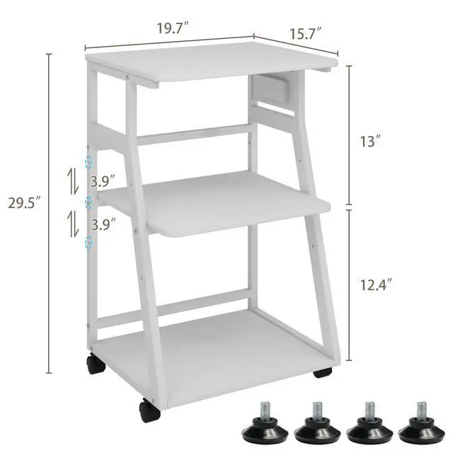 Alt view image 2 of 7 - 19.7"x15.7" Printer Stand,3 Tier Printer Table with Charging Station, Rolling Cart with Adjustable Storage Shelf for Home Office Organization, Stand for Heat Press,3D Printer (White)