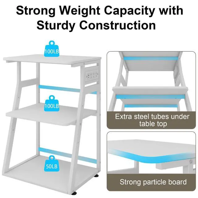 Alt view image 3 of 7 - 19.7"x15.7" Printer Stand,3 Tier Printer Table with Charging Station, Rolling Cart with Adjustable Storage Shelf for Home Office Organization, Stand for Heat Press,3D Printer (White)