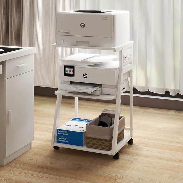 Alt view image 6 of 7 - 19.7"x15.7" Printer Stand,3 Tier Printer Table with Charging Station, Rolling Cart with Adjustable Storage Shelf for Home Office Organization, Stand for Heat Press,3D Printer (White)
