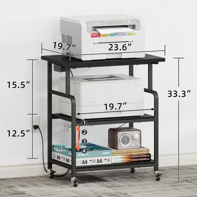 Alt view image 7 of 7 - 3 Tier Large Printer Stand with Power Outlet/Adjustable Shelf