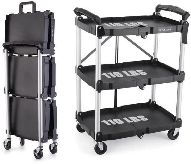 Main image of Portable Folding Service Cart - 3 Tier 330LBS Capacity - Rolling Utility Foldable Cart with Wheels for Warehouse Home Workshops Garages Restaurants Offices