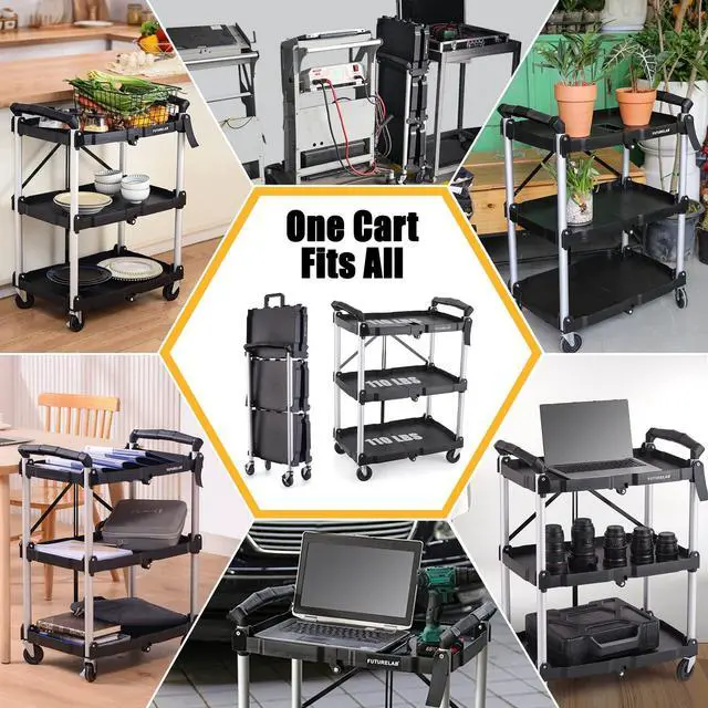 Alt view image 2 of 7 - Portable Folding Service Cart - 3 Tier 330LBS Capacity - Rolling Utility Foldable Cart with Wheels for Warehouse Home Workshops Garages Restaurants Offices