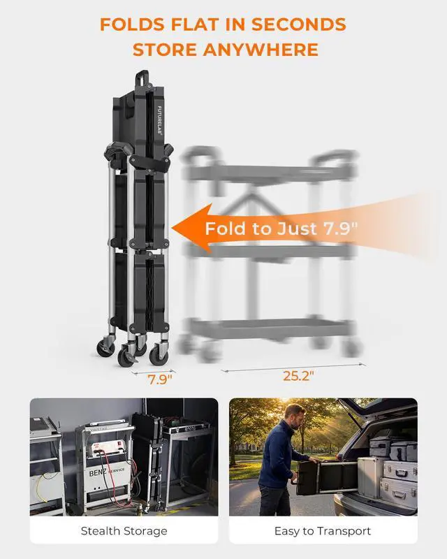 Alt view image 4 of 7 - Portable Folding Service Cart - 3 Tier 330LBS Capacity - Rolling Utility Foldable Cart with Wheels for Warehouse Home Workshops Garages Restaurants Offices