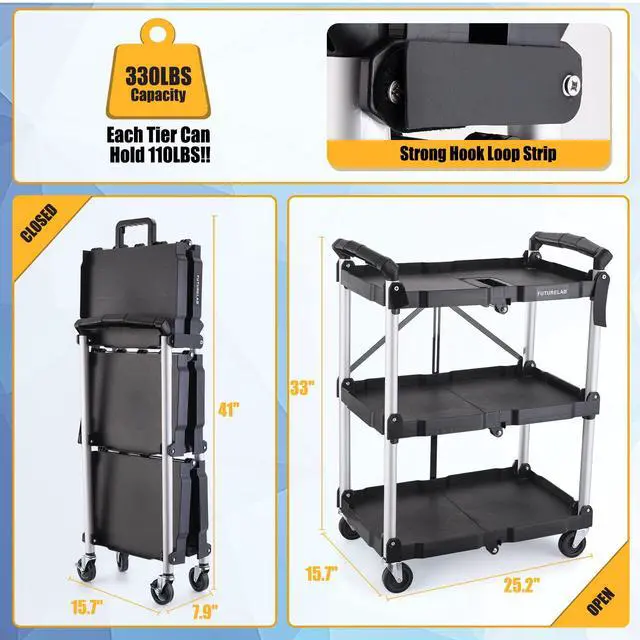 Alt view image 3 of 7 - Portable Folding Service Cart - 3 Tier 330LBS Capacity - Rolling Utility Foldable Cart with Wheels for Warehouse Home Workshops Garages Restaurants Offices