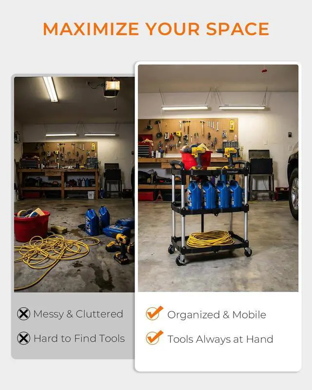Alt view image 5 of 7 - Portable Folding Service Cart - 3 Tier 330LBS Capacity - Rolling Utility Foldable Cart with Wheels for Warehouse Home Workshops Garages Restaurants Offices