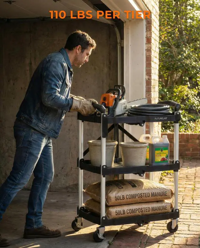 Alt view image 7 of 7 - Portable Folding Service Cart - 3 Tier 330LBS Capacity - Rolling Utility Foldable Cart with Wheels for Warehouse Home Workshops Garages Restaurants Offices