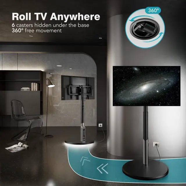 Alt view image 2 of 7 - Floor Mobile TV Stand with Power Outlet, Rolling TV Cart for 27-65 Inch OLED LED Monitors, 6 Levels of Height Adjustment, Ambient Lighting on The Bottom Wheels Holds up to 88lbs, 400x400mm