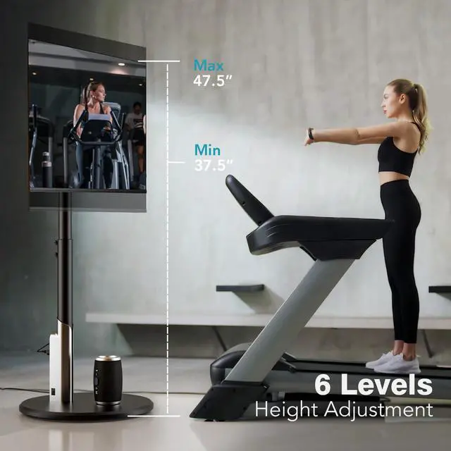 Alt view image 4 of 7 - Floor Mobile TV Stand with Power Outlet, Rolling TV Cart for 27-65 Inch OLED LED Monitors, 6 Levels of Height Adjustment, Ambient Lighting on The Bottom Wheels Holds up to 88lbs, 400x400mm