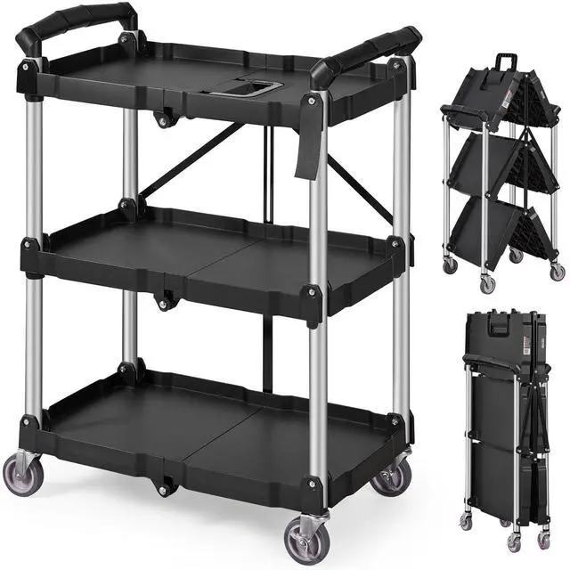 Main image of Foldable Utility Service Cart, 165LBS 3 Shelf Heavy Duty Plastic Rolling Cart with 360° Swivel Wheels (2 with Brakes), Ergonomic Handle, Portable Garage Tool Cart for Warehouse Office Home