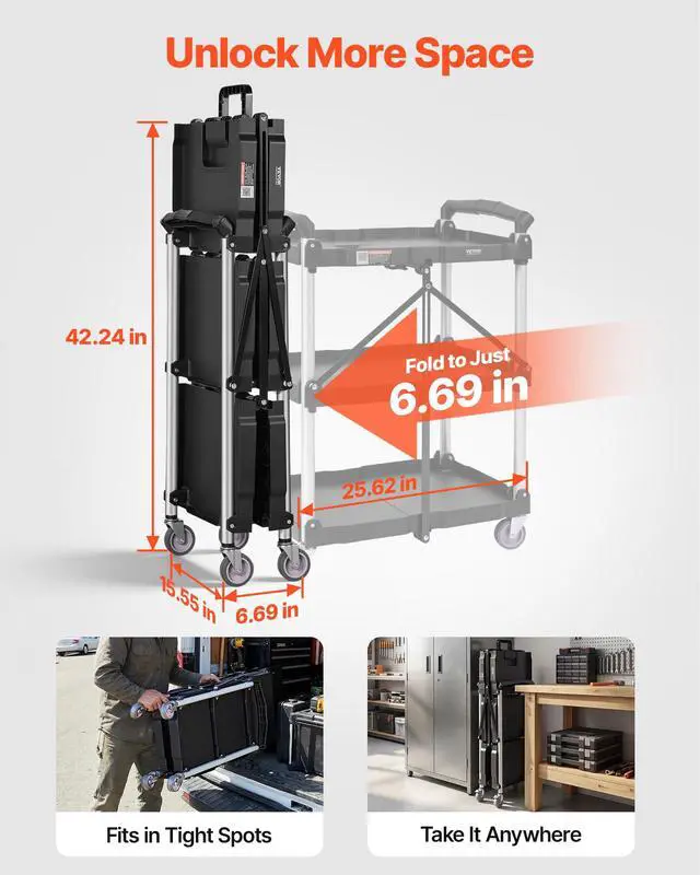 Alt view image 2 of 7 - Foldable Utility Service Cart, 165LBS 3 Shelf Heavy Duty Plastic Rolling Cart with 360° Swivel Wheels (2 with Brakes), Ergonomic Handle, Portable Garage Tool Cart for Warehouse Office Home