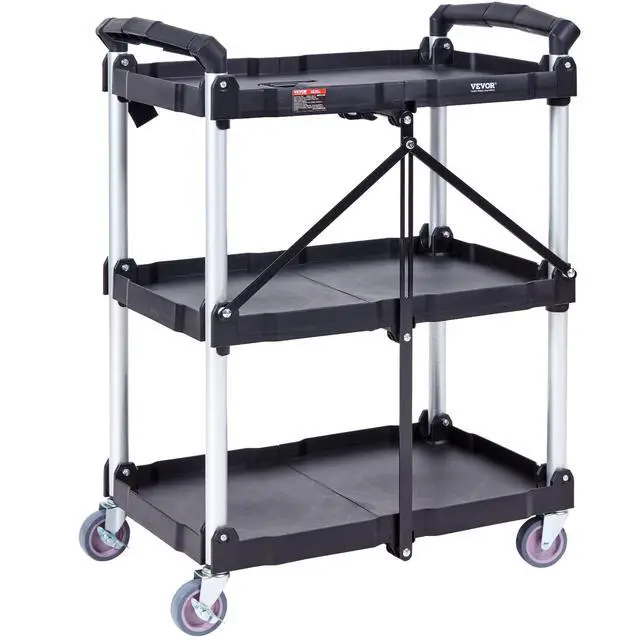 Alt view image 4 of 7 - Foldable Utility Service Cart, 165LBS 3 Shelf Heavy Duty Plastic Rolling Cart with 360° Swivel Wheels (2 with Brakes), Ergonomic Handle, Portable Garage Tool Cart for Warehouse Office Home