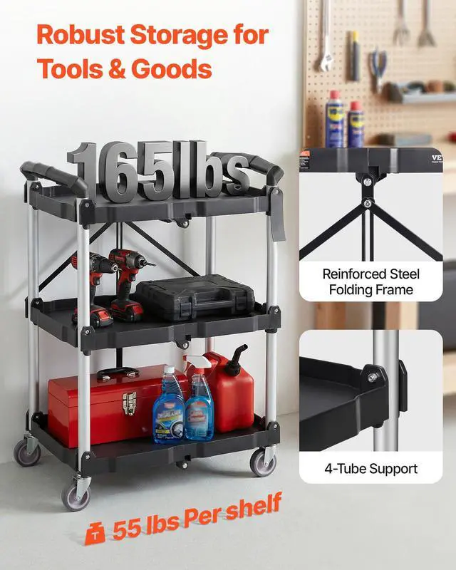 Alt view image 3 of 7 - Foldable Utility Service Cart, 165LBS 3 Shelf Heavy Duty Plastic Rolling Cart with 360° Swivel Wheels (2 with Brakes), Ergonomic Handle, Portable Garage Tool Cart for Warehouse Office Home