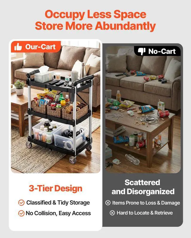Alt view image 5 of 7 - Foldable Utility Service Cart, 165LBS 3 Shelf Heavy Duty Plastic Rolling Cart with 360° Swivel Wheels (2 with Brakes), Ergonomic Handle, Portable Garage Tool Cart for Warehouse Office Home