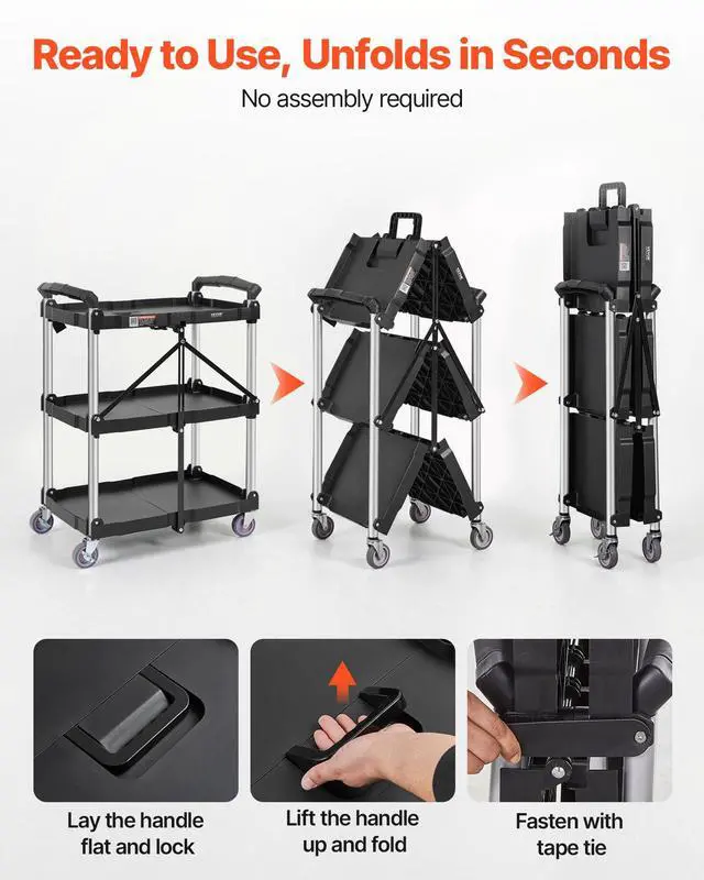 Alt view image 7 of 7 - Foldable Utility Service Cart, 165LBS 3 Shelf Heavy Duty Plastic Rolling Cart with 360° Swivel Wheels (2 with Brakes), Ergonomic Handle, Portable Garage Tool Cart for Warehouse Office Home