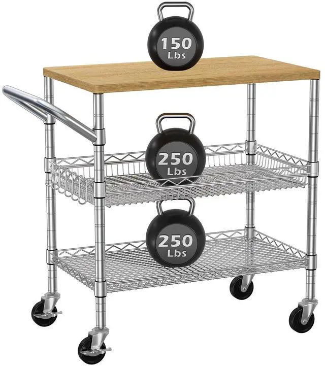 Main image of 3 Tier Rolling Kitchen Carts on Wheels with Storage,650Lbs Heavy Duty Utility Carts with Wheels,Kitchen Island with Wood Tabletop,Metal Serving Rolling Cart for Small Appliance Food Cart,Wood+Metal