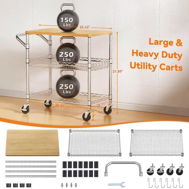 Alt view image 3 of 7 - 3 Tier Rolling Kitchen Carts on Wheels with Storage,650Lbs Heavy Duty Utility Carts with Wheels,Kitchen Island with Wood Tabletop,Metal Serving Rolling Cart for Small Appliance Food Cart,Wood+Metal