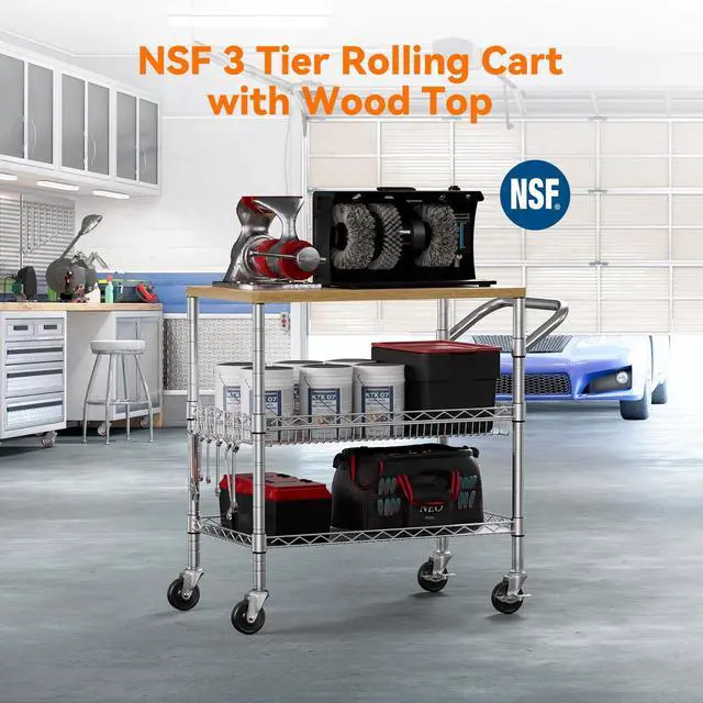 Alt view image 6 of 7 - 3 Tier Rolling Kitchen Carts on Wheels with Storage,650Lbs Heavy Duty Utility Carts with Wheels,Kitchen Island with Wood Tabletop,Metal Serving Rolling Cart for Small Appliance Food Cart,Wood+Metal