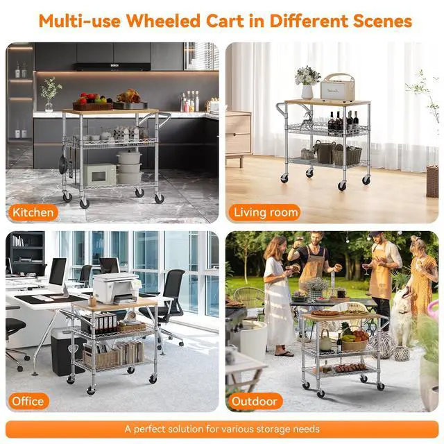 Alt view image 7 of 7 - 3 Tier Rolling Kitchen Carts on Wheels with Storage,650Lbs Heavy Duty Utility Carts with Wheels,Kitchen Island with Wood Tabletop,Metal Serving Rolling Cart for Small Appliance Food Cart,Wood+Metal