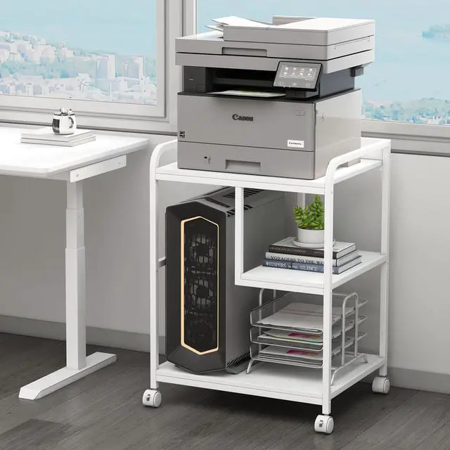 Main image of Large Printer Stand Table with Storage Shelf for Host Computer, PC Tower, CPU and Shredder, 3 Tier Rolling Printer Cart with Wheels for Home Office Storage and Organization - White