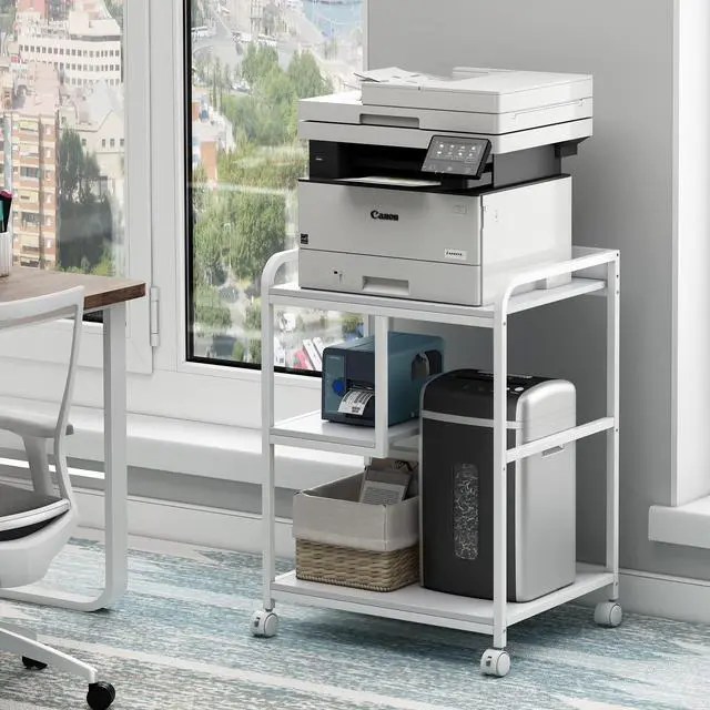 Alt view image 4 of 7 - Large Printer Stand Table with Storage Shelf for Host Computer, PC Tower, CPU and Shredder, 3 Tier Rolling Printer Cart with Wheels for Home Office Storage and Organization - White