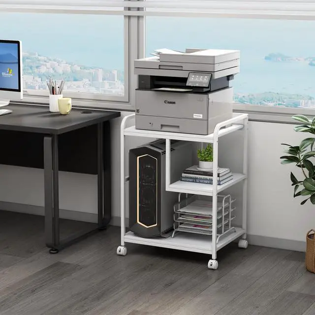 Alt view image 7 of 7 - Large Printer Stand Table with Storage Shelf for Host Computer, PC Tower, CPU and Shredder, 3 Tier Rolling Printer Cart with Wheels for Home Office Storage and Organization - White