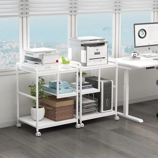 Alt view image 5 of 7 - Large Printer Stand Table with Storage Shelf for Host Computer, PC Tower, CPU and Shredder, 3 Tier Rolling Printer Cart with Wheels for Home Office Storage and Organization - White