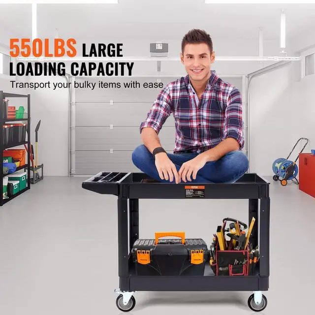 Alt view image 2 of 7 - Utility Service Cart 2 Shelf 550 lbs Heavy Duty Plastic Rolling Cart