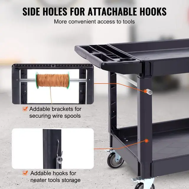 Alt view image 5 of 7 - Utility Service Cart 2 Shelf 550 lbs Heavy Duty Plastic Rolling Cart