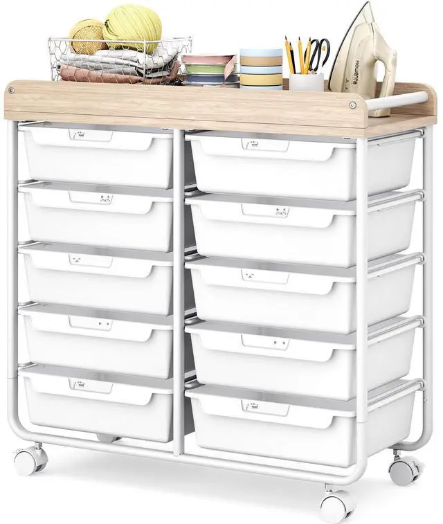 Main image of 10 Drawers Rolling Cart with Wooden Tabletop, Utility Storage Cart with Wheels, Art Supply Craft Organizer on Wheel with Metal Frame & Handles for Home Office School (Pure White)