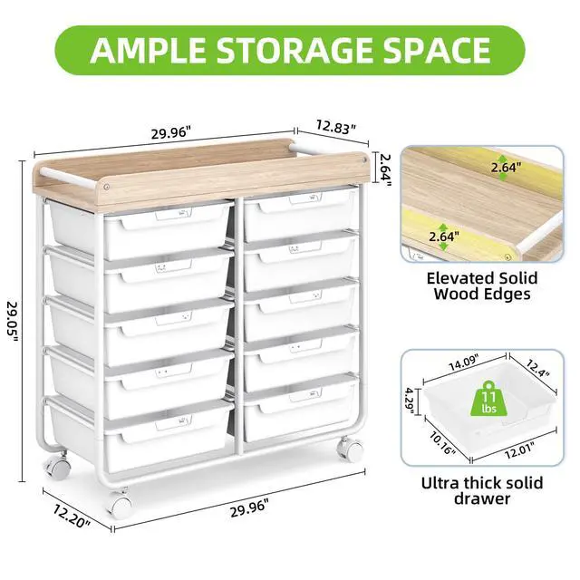 Alt view image 2 of 7 - 10 Drawers Rolling Cart with Wooden Tabletop, Utility Storage Cart with Wheels, Art Supply Craft Organizer on Wheel with Metal Frame & Handles for Home Office School (Pure White)