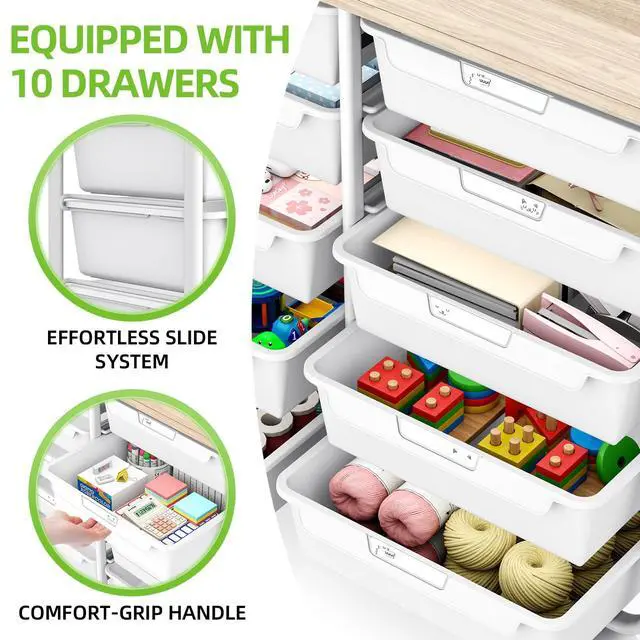 Alt view image 3 of 7 - 10 Drawers Rolling Cart with Wooden Tabletop, Utility Storage Cart with Wheels, Art Supply Craft Organizer on Wheel with Metal Frame & Handles for Home Office School (Pure White)